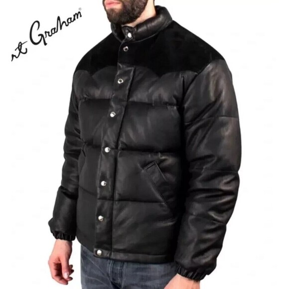 Robert Graham Faux Leather Puffer Jacket in Black Men's SZ M‎ NWT $328 - Picture 1 of 7